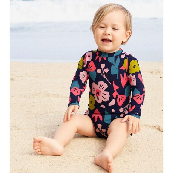 Simple Joys by Carter's Blue Pink Floral Long Sleeve One Piece Swimsuit Size 6-9 - Picture 1 of 9